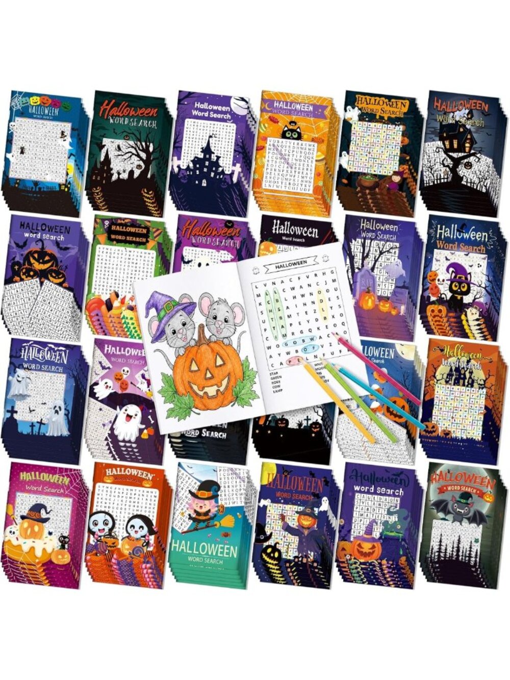 144 Pcs Halloween Word Search & Coloring Books Set - Fun Activity for Kids
